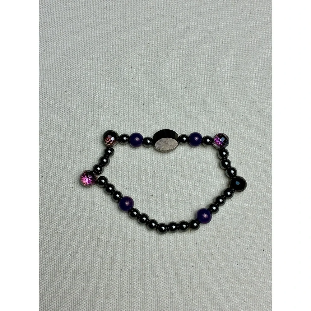 Black Purple Beaded Stretch Bracelet Hematite Glass Crystal Fashion Jewelry
